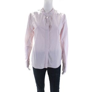 Theory Womens High Neck Striped Long Sleeve Button Up Shirt Blouse Pink Large